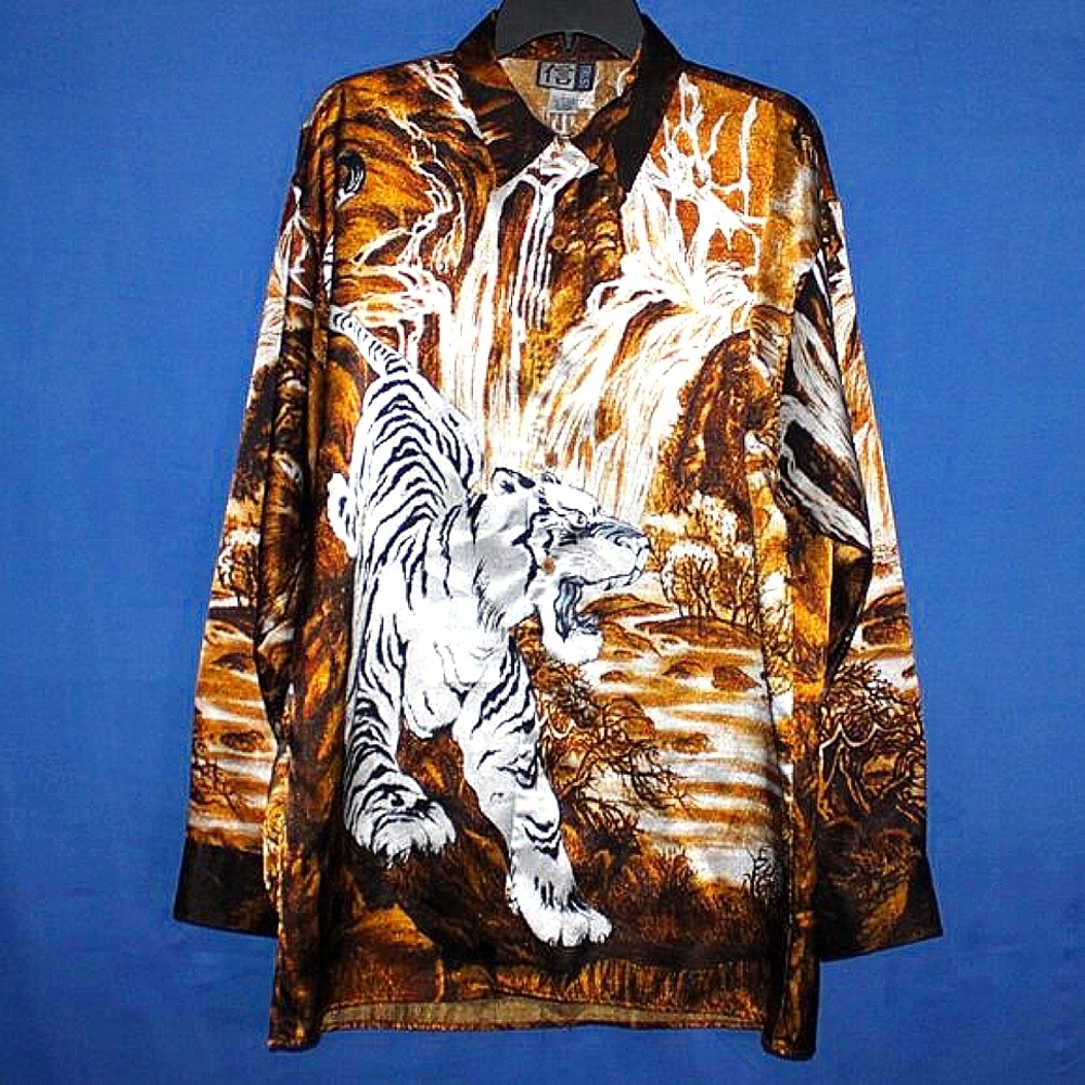TRUST Vintage White Tiger Waterfall Print Shirt L